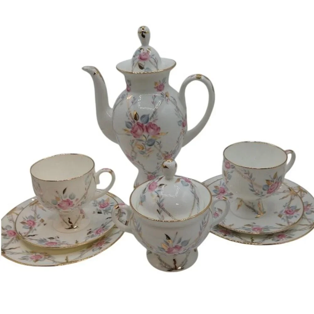 Imperial Porcelain Tea Set With Rose Floral Design & Gold Trim Made In St. Peter